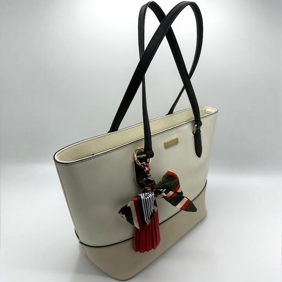 EUC Kate Spade Beige/Ivory/Black Colorblock Zip-Top Leather Tote + Bag Charm - Picture 7 of 16